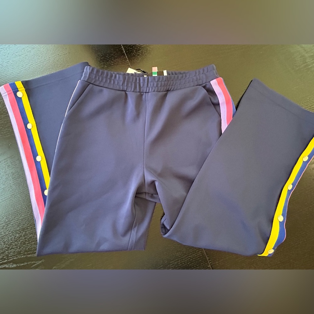 Mira Mikati Navy Wide leg Track Pants with Colorful Stripes & snaps, Size 10